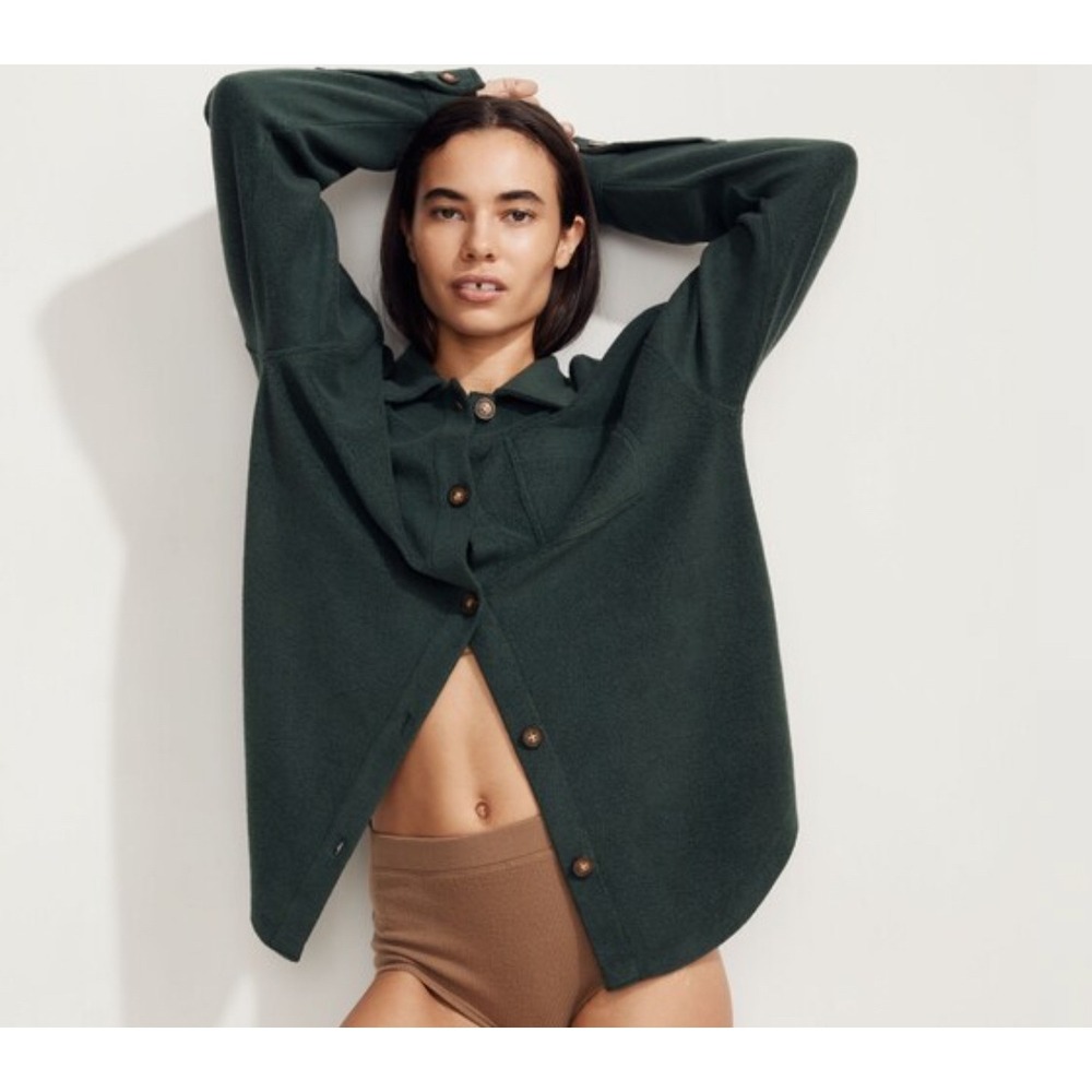 Madewell MWL Fleece Shirt Jacket Forest Green Button Up Shacket Women L